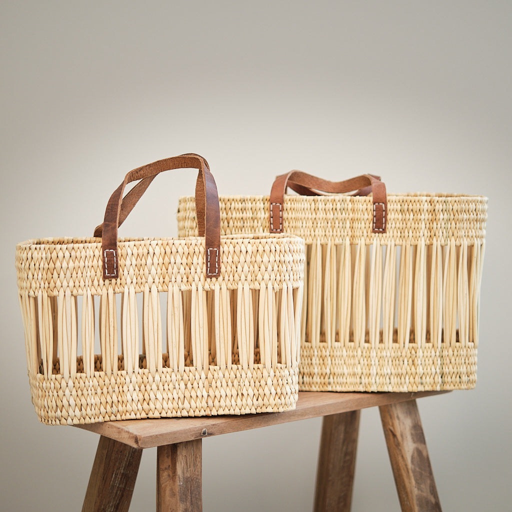 Rectangle Reed Baskets Handwoven Reed Basket with Leather Handles (small) – Kiota Home