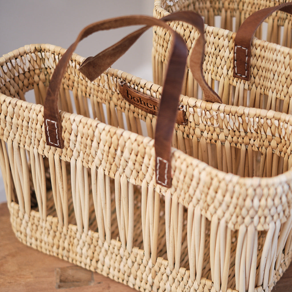 Handwoven Reed Basket with Leather Handles (small) – Kiota Home
